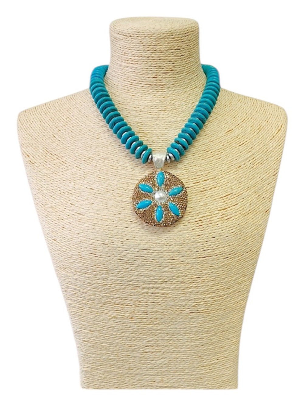Bijoux Envie Turquoise Sand Dollar Statement Necklace NWT Coastal Boho - Picture 4 of 6